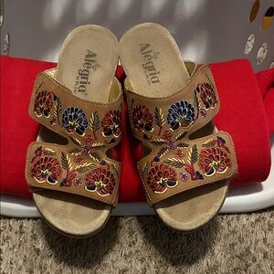 Alegria Women's Floral Embroidered Sandals - Tan and Multicolor